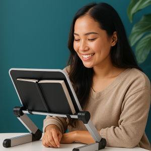Femme souriante utilisant un support pliable pour lire un livre, accessoire ergonomique de lecture réglable pour plus de confort.
