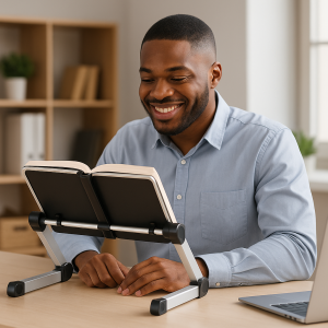 Homme souriant lisant un livre sur un support pliable ergonomique dans un bureau moderne.