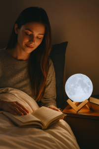 Femme lisant un livre au lit éclairée par une lampe lune décorative LED sur socle en bois