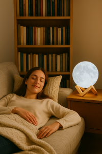 Femme allongée sur un divan, relaxant avec une lampe lune décorative LED sur socle en bois devant une bibliothèque