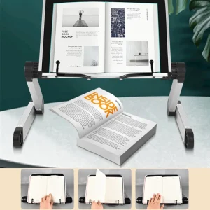 Support pliable ergonomique pour livres et tablette, réglable en hauteur et angle, idéal pour la lecture, le travail et le confort à la maison.